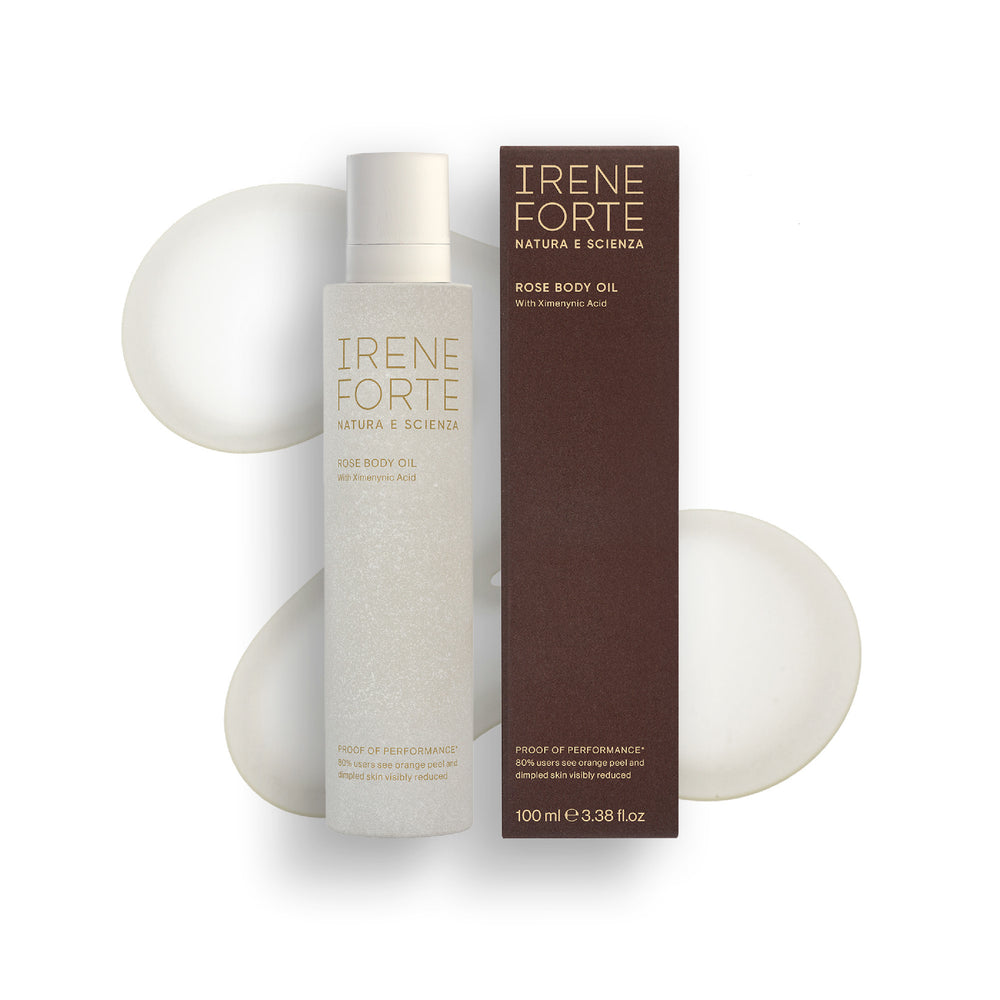 Irene Forte Rose Body Oil with packaging on a white background