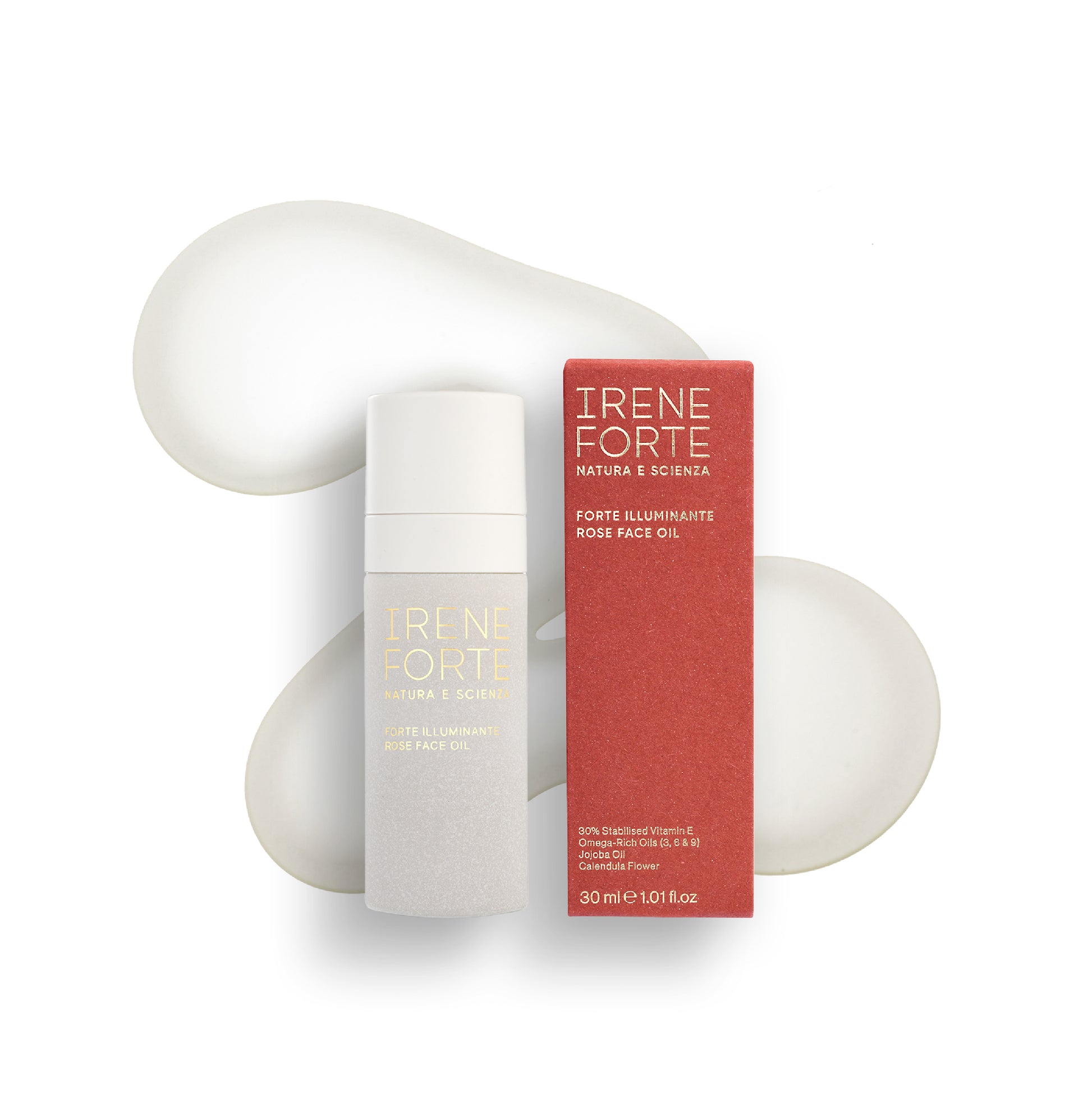 Bottle and box packaging of Irene Forte Skincare Rose Face Oil with 30% Vitamin E