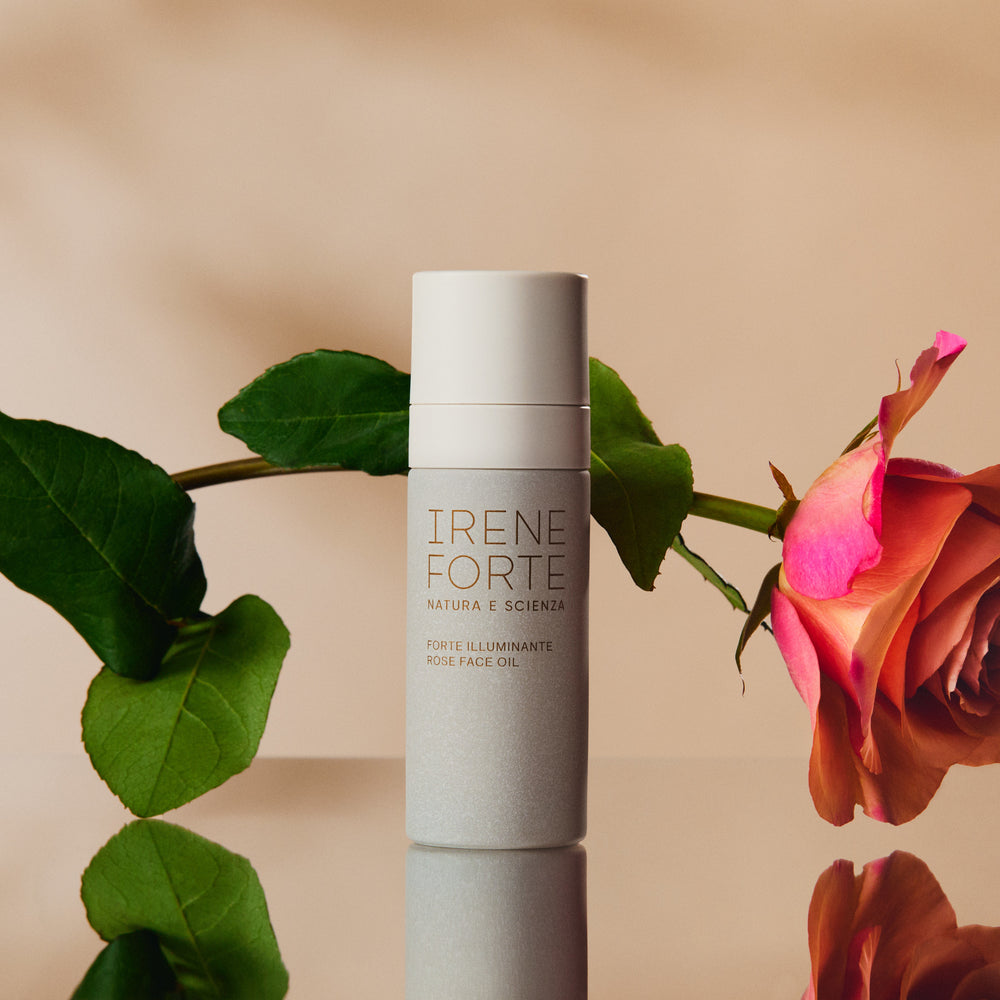 Bottle and box packaging of Irene Forte Skincare Rose Face Oil with 30% Vitamin E