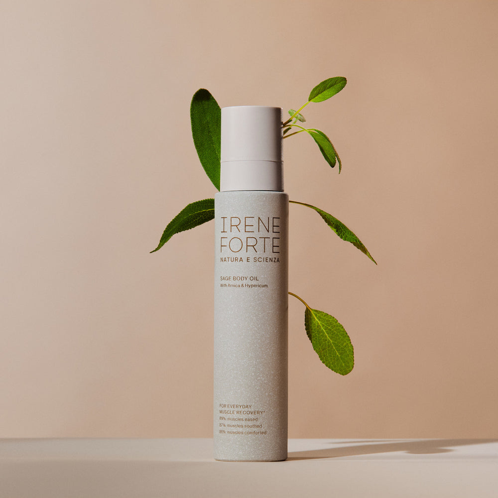Irene Forte Sage Body Oil with packaging on a white background