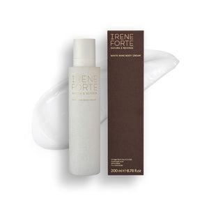 Irene Forte white wine body cream bottle and packaging on a white background. Irene Forte White Wine Body Cream – a luxurious 200ml body moisturizer enriched with organic white wine and hyaluronic acid.