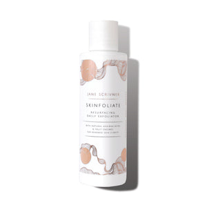 A white bottle of Jane Scrivner Skinfoliate Resurfacing Daily Exfoliator with peach and gray botanical illustrations on the label, set against a plain white background with a soft shadow.