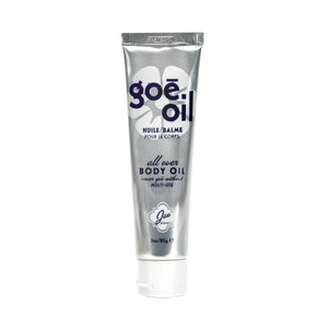 Silver tube of goé oil on a white background