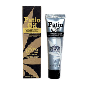 Patio Out all over outdoor body oil with packaging on a white background