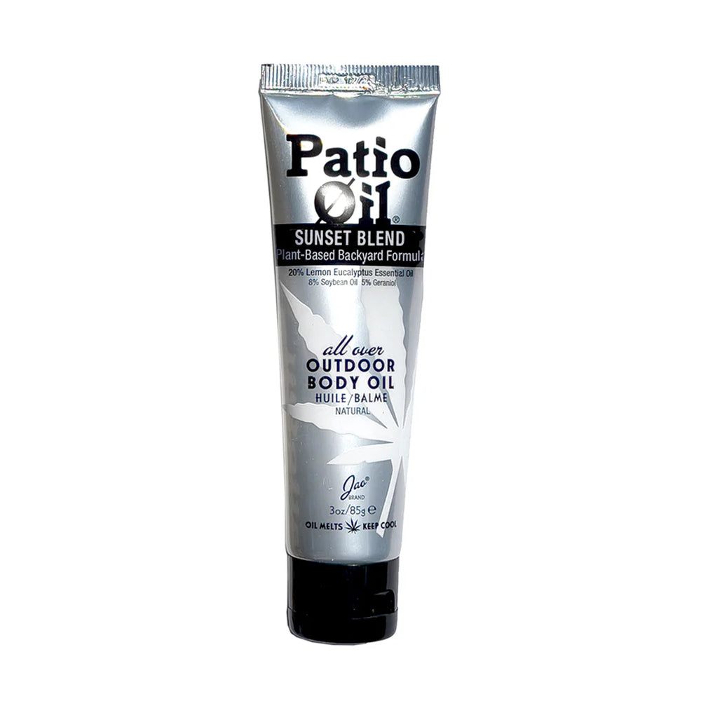 Tube of Patio Oil outdoor body oil on a white background
