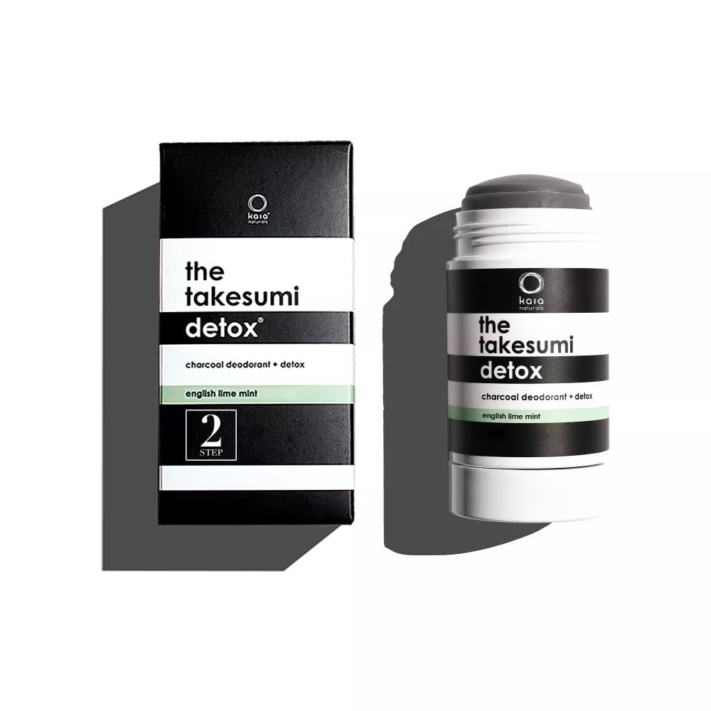 Kaia Naturals Charcoal Deodorant English Lime Mint, part of the Takesumi Detox system, with activated charcoal for freshness, lime and mint fragrance, and free from aluminum and baking soda.