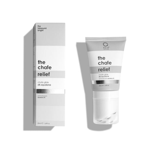 KAIA NATURALS The Chafe Relief balm with 5-over-5 stainless steel applicator, cream-to-powder formula, 50ml tube for friction-prone skin. ALWAYS SHOW