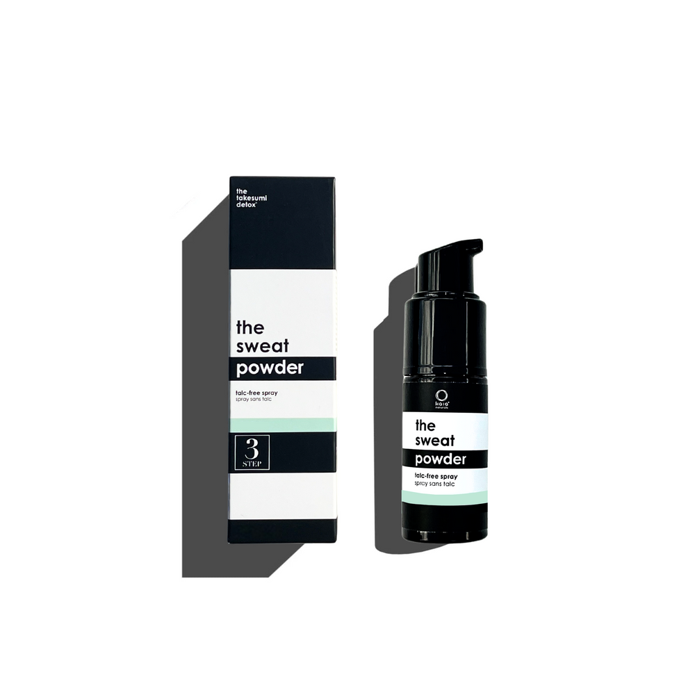 Kaia Naturals The Sweat Powder in Crisp Linen spray bottle displayed with minimalist packaging, designed for all-over freshness and sweat control.