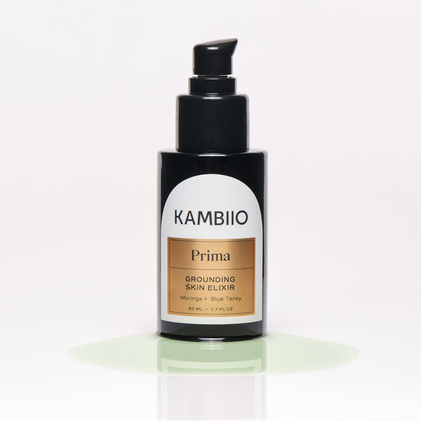 KAMBIIO Prima Grounding Skin Elixir with Moringa, Blue Tansy, and Frankincense, in a 50 ml bottle. Nourishing and soothing skincare oil for face, neck, hair, and body.