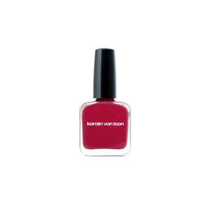 Karolin Van Loon 01 Rocher Rouge – vibrant cool red vegan nail polish in sleek glass bottle, 12-free formula made in Belgium for a classic feminine manicure.