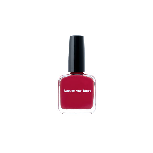 Karolin Van Loon 01 Rocher Rouge – vibrant cool red vegan nail polish in sleek glass bottle, 12-free formula made in Belgium for a classic feminine manicure.