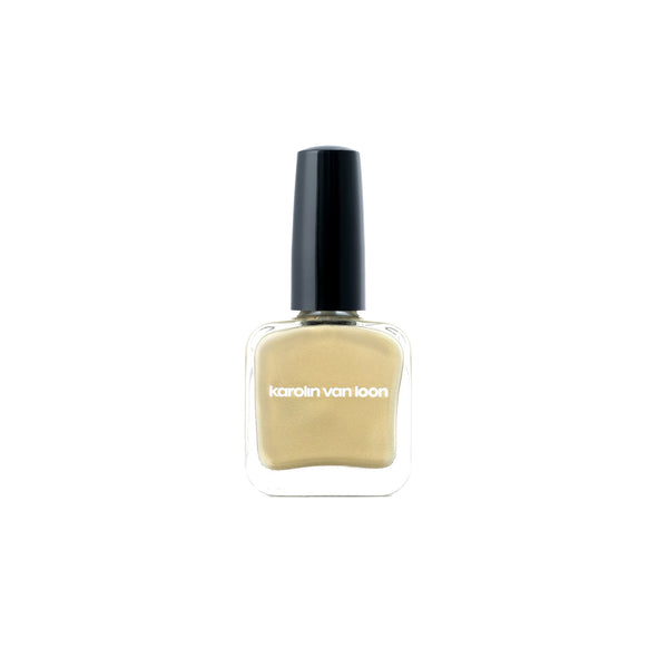 Karolin Van Loon 04 Sable Doré – shimmery gold nail polish in a sleek glass bottle, vegan, cruelty-free, 12-free, perfect for accent nails or sparkling manicures.
