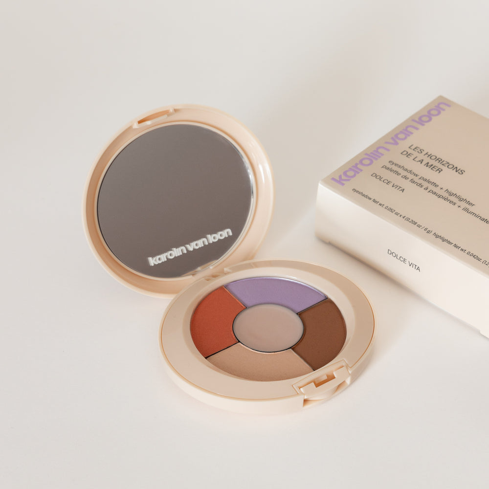 Karolin Van Loon Dolce Vita eyeshadow palette with lavender, pink, and neutral shades.