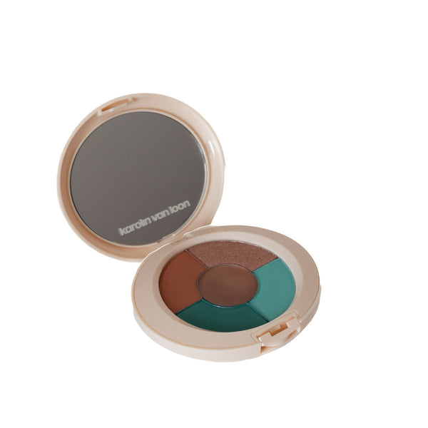 Karolin Van Loon Laguna eyeshadow palette with turquoise, coral, and golden shimmer shades.