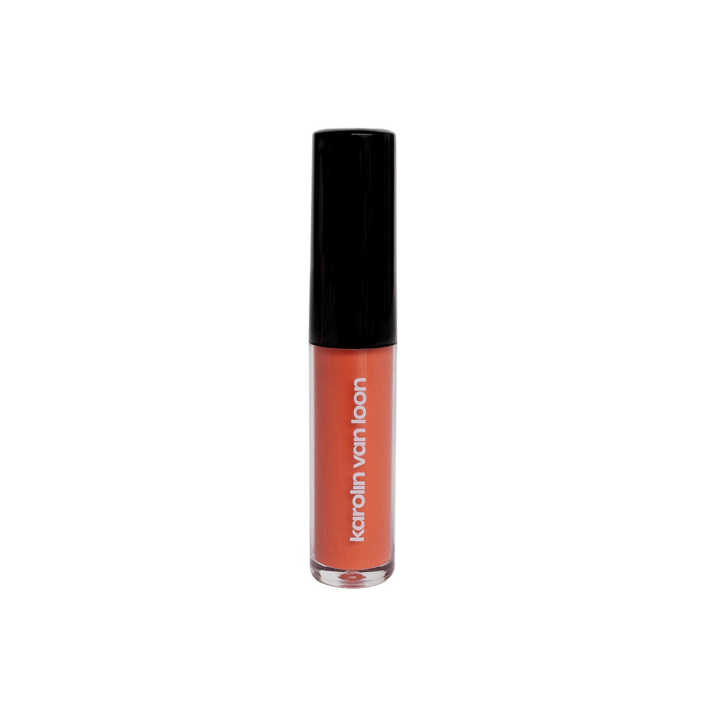 A tube of Karolin Van Loon lip gloss in Honey, featuring a vibrant coral shade that captures the essence of a sun-drenched summer day. This gloss delivers a bright sheen while enhancing the lips with a subtle tint, providing a smooth, non-sticky, and hydrating effect for fuller, voluminous lips.