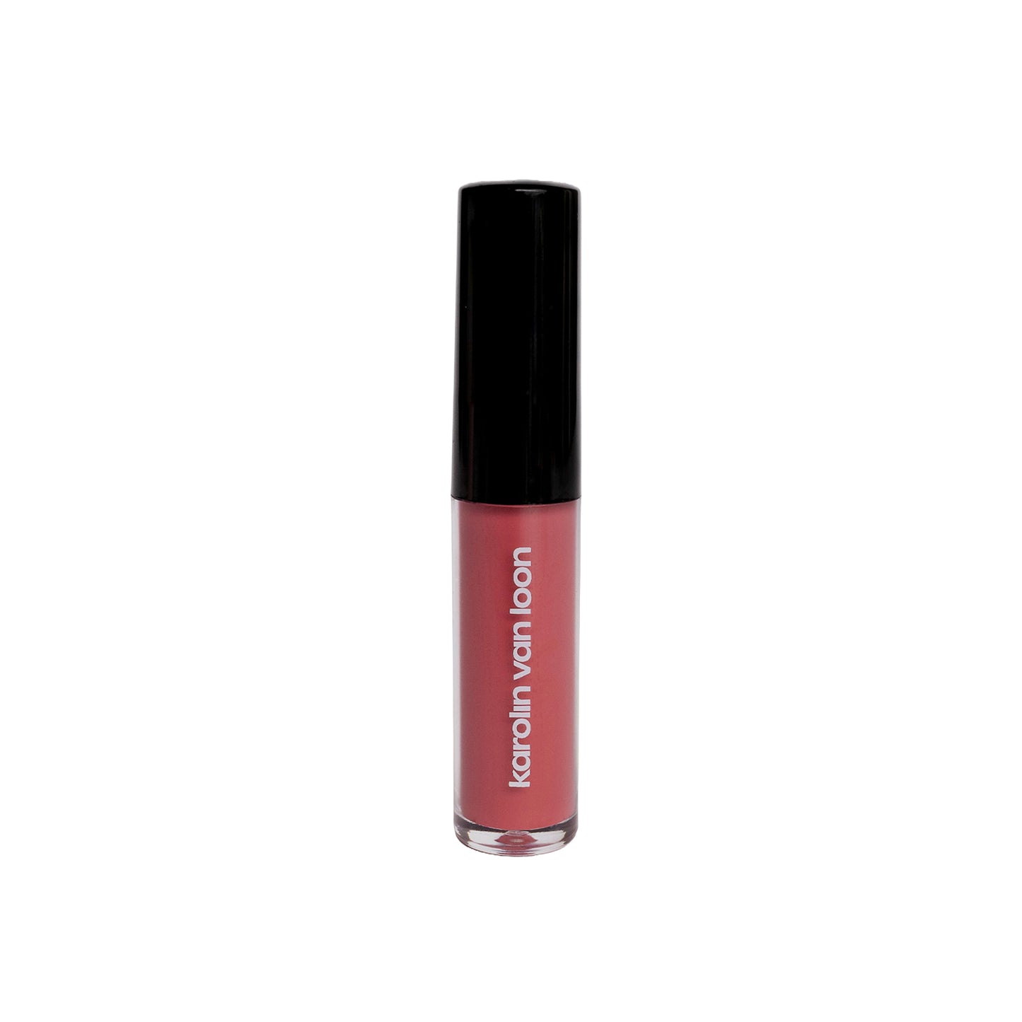 A tube of Karolin Van Loon lip gloss in In Love, showcasing a dusky rose hue that offers a pigmented and hydrating finish. This gloss provides radiant color and a soft, pillowy texture, enhancing lips with a beautiful shine while keeping them moisturized and full.