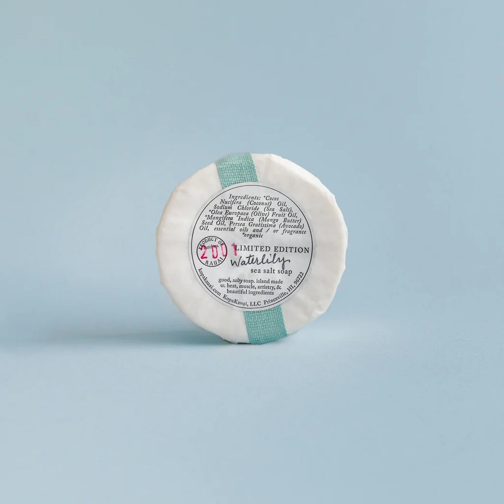 Kopa Kauai Sea Salt Soap Waterlily bar with spring-inspired floral packaging.