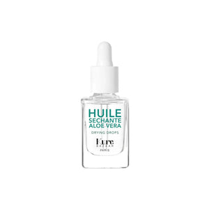 A clear glass dropper bottle of Kure Bazaar Drying Drops with Aloe Vera, featuring a white dropper cap and teal and black text on a white background.