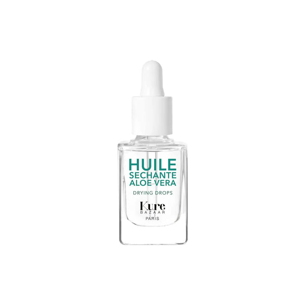 A clear glass dropper bottle of Kure Bazaar Drying Drops with Aloe Vera, featuring a white dropper cap and teal and black text on a white background.