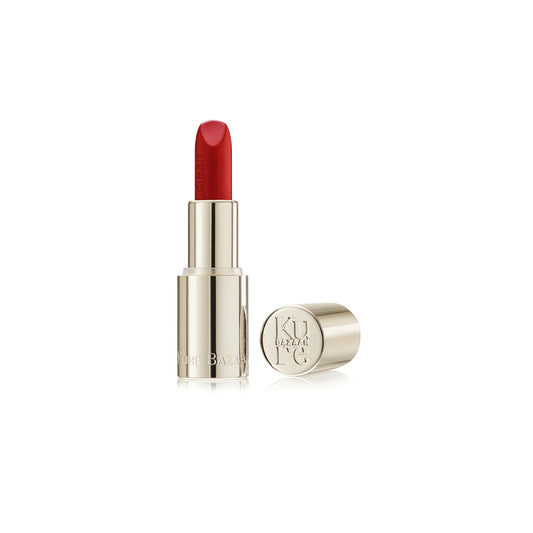 Kure Bazaar Rouge Flore Lip Balm in a light denim case, delivering vibrant red color with an eco-friendly, refillable design.