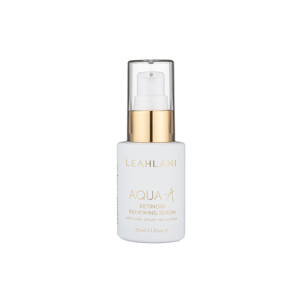 Leahlani Skincare Aqua A Retinoid Renewing Serum in a 30ml glass bottle with pump, designed for smoothing fine lines, boosting radiance, and nourishing skin with ceramides and botanical extracts.