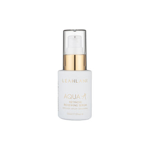 Leahlani Skincare Aqua A Retinoid Renewing Serum in a 30ml glass bottle with pump, designed for smoothing fine lines, boosting radiance, and nourishing skin with ceramides and botanical extracts.