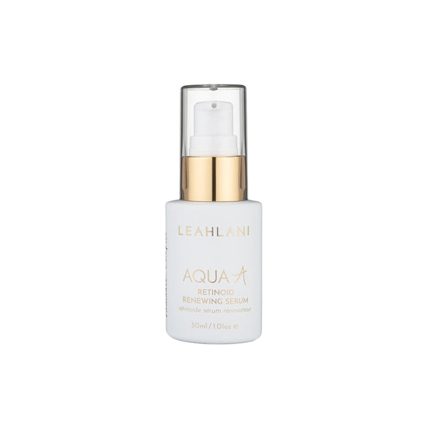 Leahlani Skincare Aqua A Retinoid Renewing Serum in a 30ml glass bottle with pump, designed for smoothing fine lines, boosting radiance, and nourishing skin with ceramides and botanical extracts.