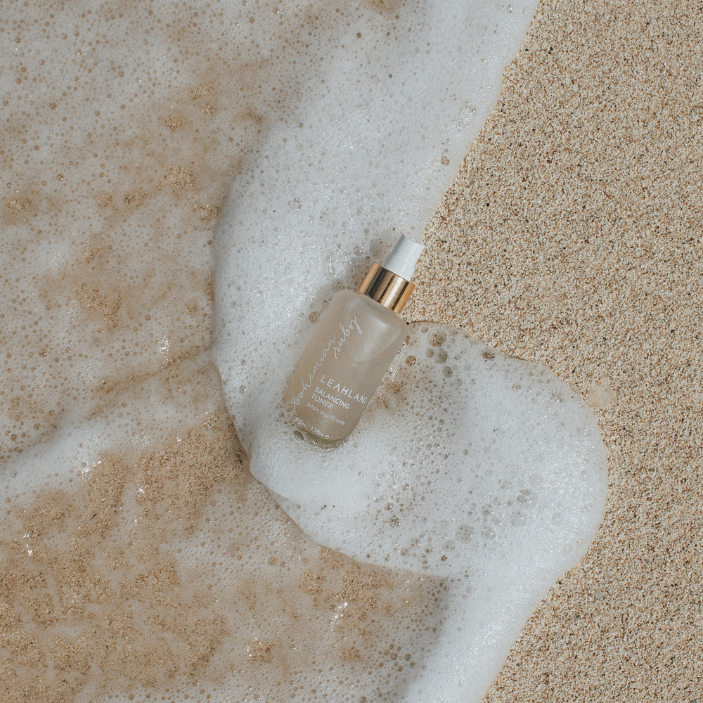 Leahlani Skincare Bohemian Ruby Toner, a hydrating mist with aloe, floral hydrosols, and Hawaiian sea silt, designed to calm sensitive skin and reduce redness.
