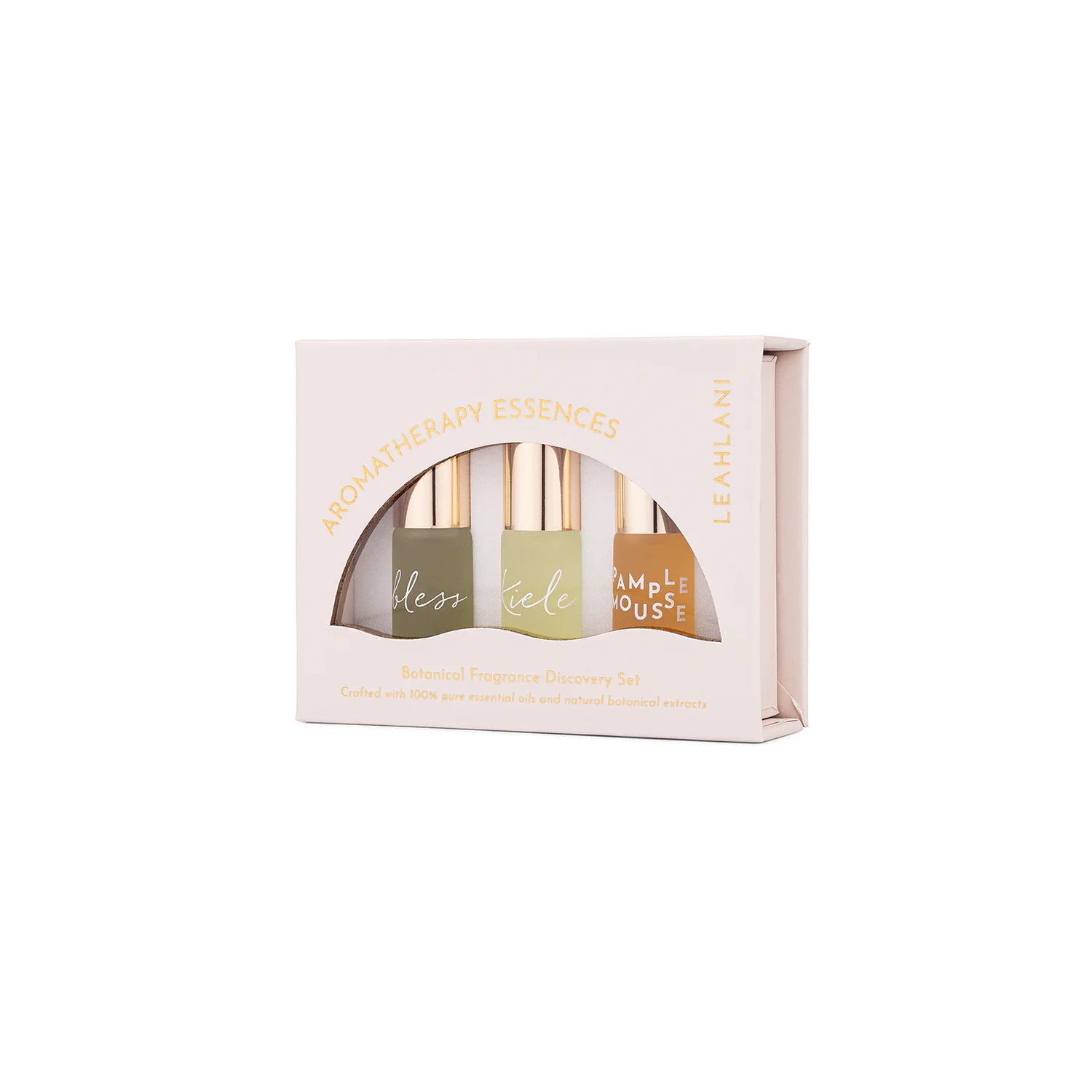 Leahlani Skincare Botanical Fragrance Discovery Set with 3 travel-size aromatherapy essences: Bless, Kiele, and Pamplemousse.