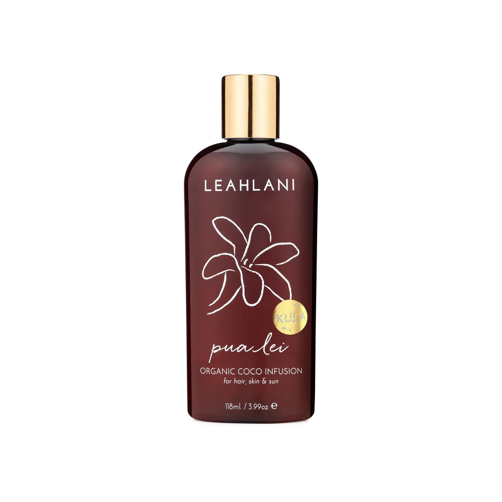 Leahlani Skincare Pua Lei Coco Infusion Kula body oil in a bottle, a coconut and kukui oil blend with tropical florals and golden mica shimmer for radiant, silky skin and hair.