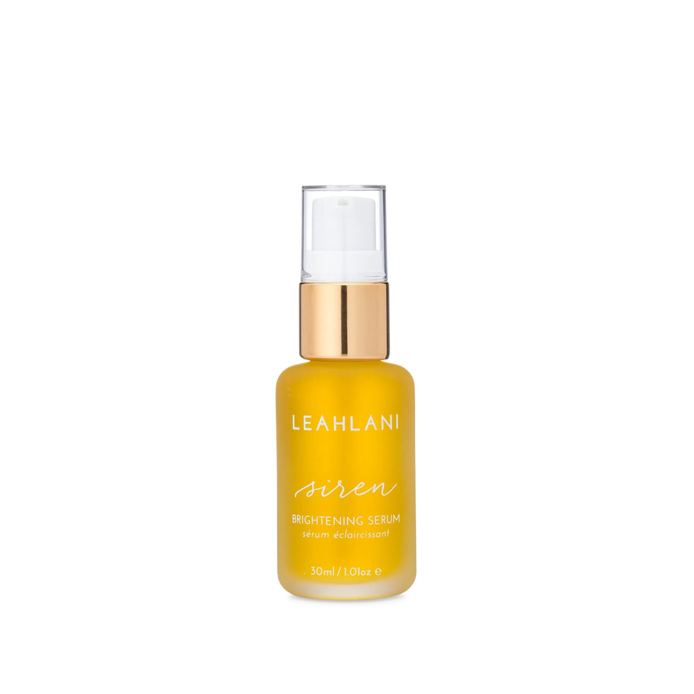 Leahlani Skincare Siren Brightening Serum in a glass dropper bottle, featuring natural brightening ingredients like sea buckthorn and micro-algae for radiant, even-toned skin.