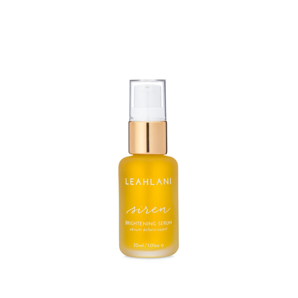 Leahlani Skincare Siren Brightening Serum in a glass dropper bottle, featuring natural brightening ingredients like sea buckthorn and micro-algae for radiant, even-toned skin.