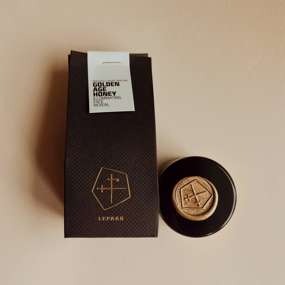 LEPAAR Golden Age Honey Mask in 30ml jar, featuring wild Blue Mountains honey and botanical extracts for gentle exfoliation and skin illumination.