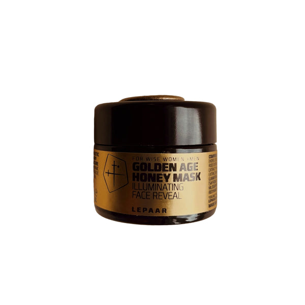 LEPAAR Golden Age Honey Mask in 30ml jar, featuring wild Blue Mountains honey and botanical extracts for gentle exfoliation and skin illumination.