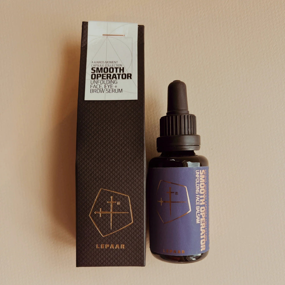 Bottle of 'Smooth Operator' on a white background. LEPAAR Smooth Operator / Unfolding Face, Eye + Brow Contour Serum / Zero Essential Oils ALWAYS SHOW