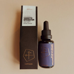 Bottle and box of Smooth Operator Lepaar brow serum on a beige background. LEPAAR Smooth Operator / Unfolding Face, Eye + Brow Contour Serum / Zero Essential Oils ALWAYS SHOW