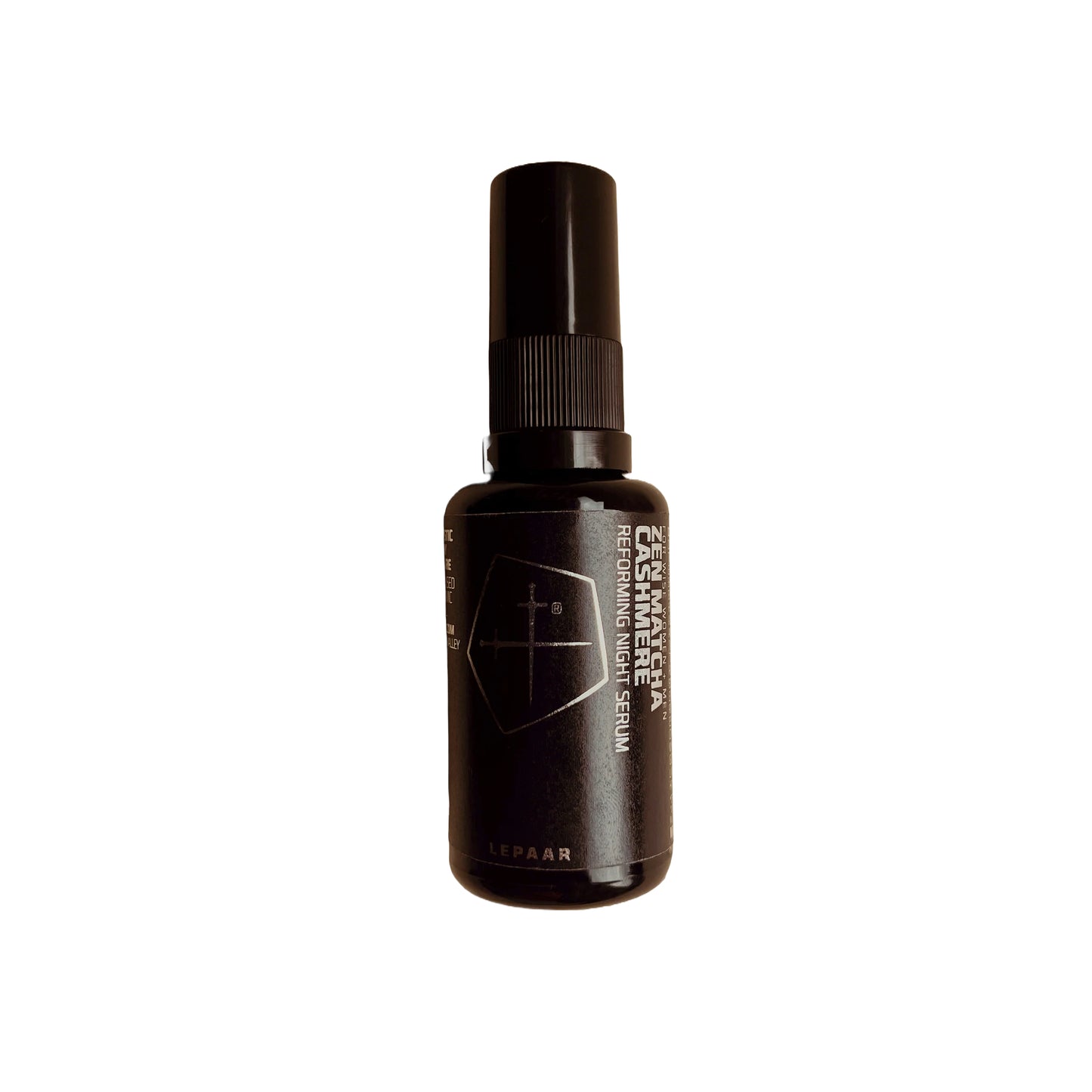 Black spray bottle with a brand logo on a white background. LEPAAR Zen Matcha Cashmere / Reforming Night Serum
