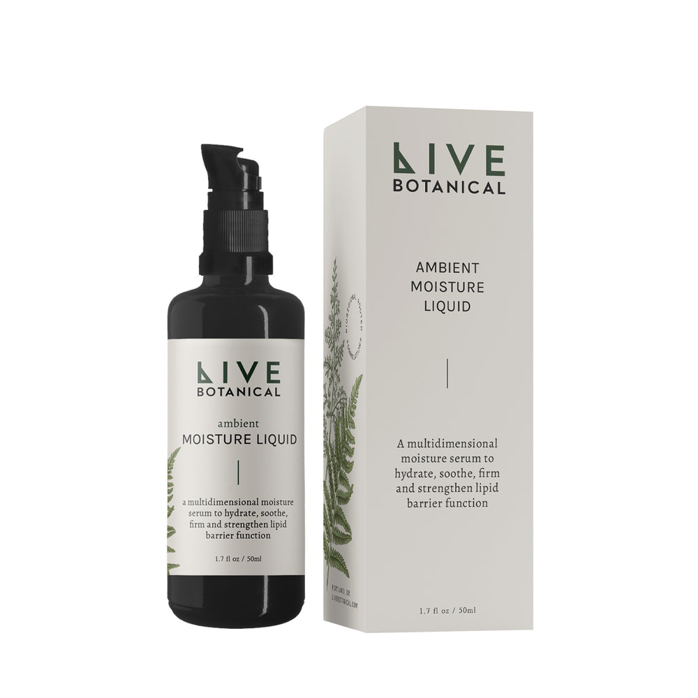 Live Botanical Ambient Moisture Liquid hydrating serum with plant-based extracts for dry skin, featuring a creamy texture that promotes smooth, balanced skin.