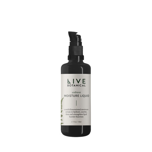 Live Botanical Ambient Moisture Liquid hydrating serum with plant-based extracts for dry skin, featuring a creamy texture that promotes smooth, balanced skin.