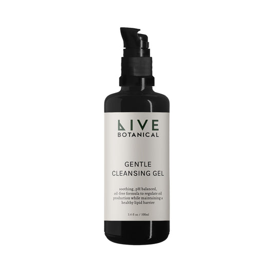 Live Botanical Gentle Cleansing Gel in a 100 ml bottle, soothing formula for sensitive and congestion-prone skin with green tea, chamomile, and aloe.