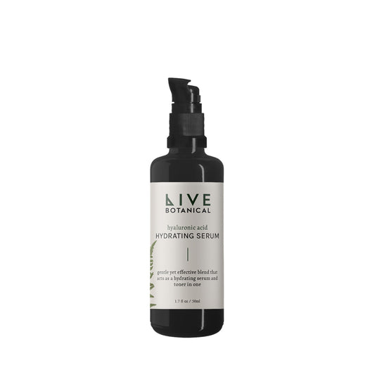 LIVE BOTANICAL Hyaluronic Acid Hydrating Serum - a clear, lightweight serum in a 50 ml bottle with aloe vera, green tea hydrosol, and hyaluronic acid for a hydrated, refreshed appearance.