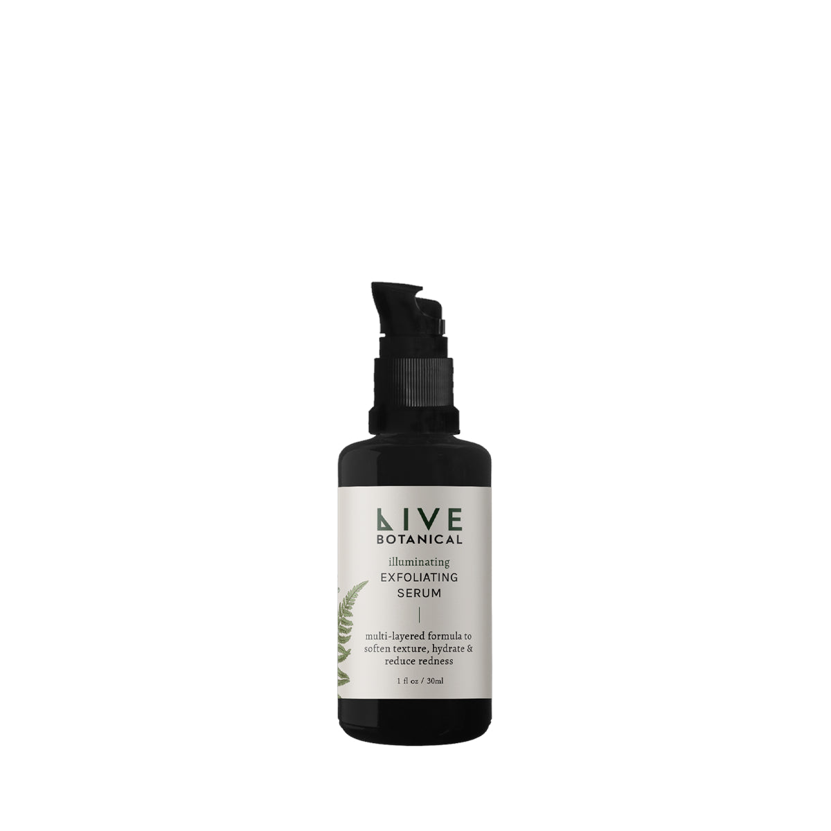 Live Botanical Illuminating Exfoliating Serum bottle with a clean design, surrounded by botanical ingredients like willow bark, green tea, and aloe.