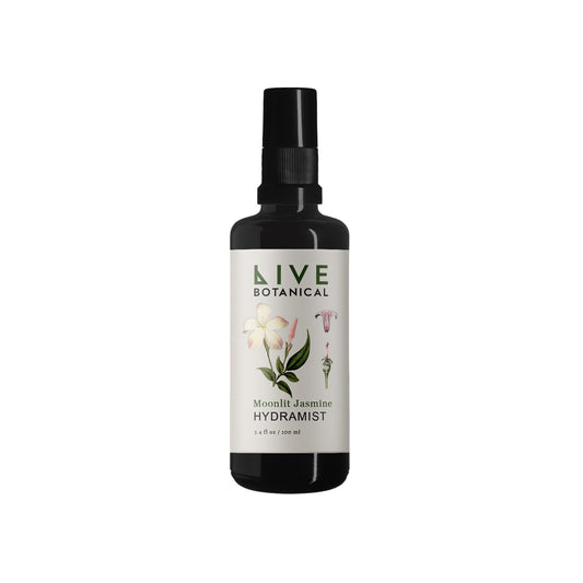 LIVE BOTANICAL Moonlit Jasmine Hydramist - hydrating mist with jasmine enfleurage and lavender hydrosol. Soothes skin and spirit, balances pH, and enhances absorption of skincare. Suitable for most skin types. Light jasmine scent with hints of lavender. Ideal for hydration and mild cleansing.