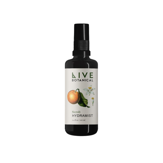 LIVE BOTANICAL Neroli Hydramist - limited seasonal release. Hydrating mist with orange blossom hydrosol and enfleurage extract. Balances pH, hydrates, and soothes skin. Floral, citrusy, and earthy scent. Suitable for most skin types. Ideal for hydration and mild cleansing.