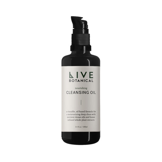 LIVE BOTANICAL Nourishing Cleansing Oil, a rich oil-based cleanser with organic oils and herbal infusions to gently cleanse and hydrate skin.