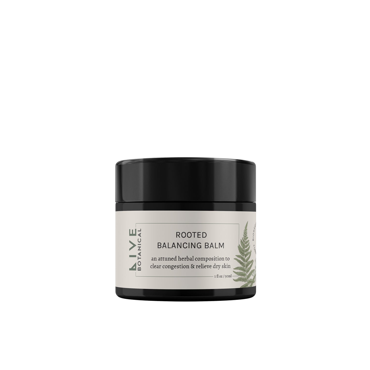 LIVE BOTANICAL Rooted Balancing Balm jar with updated green/blue color, a blend of clarifying botanicals and lightweight oils for balanced, glowing skin.