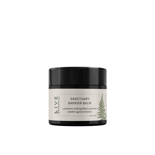 Live Botanical Sanctuary Barrier Balm in a rich, creamy texture, perfect for dry and sensitive skin. Formulated with nourishing Amazonian butters and oils, it locks in moisture for long-lasting hydration.