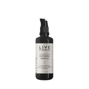 Bottle of LIVE BOTANICAL Temperate Forest Restoring Complex with natural hydration ingredients, including snow mushroom, sea kelp, and botanical extracts.