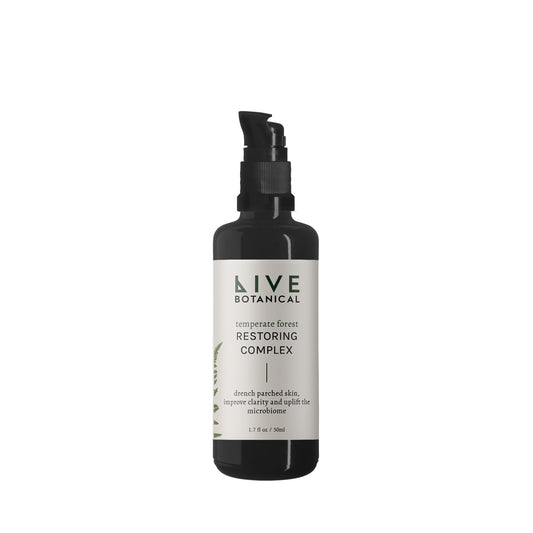 Bottle of LIVE BOTANICAL Temperate Forest Restoring Complex with natural hydration ingredients, including snow mushroom, sea kelp, and botanical extracts.