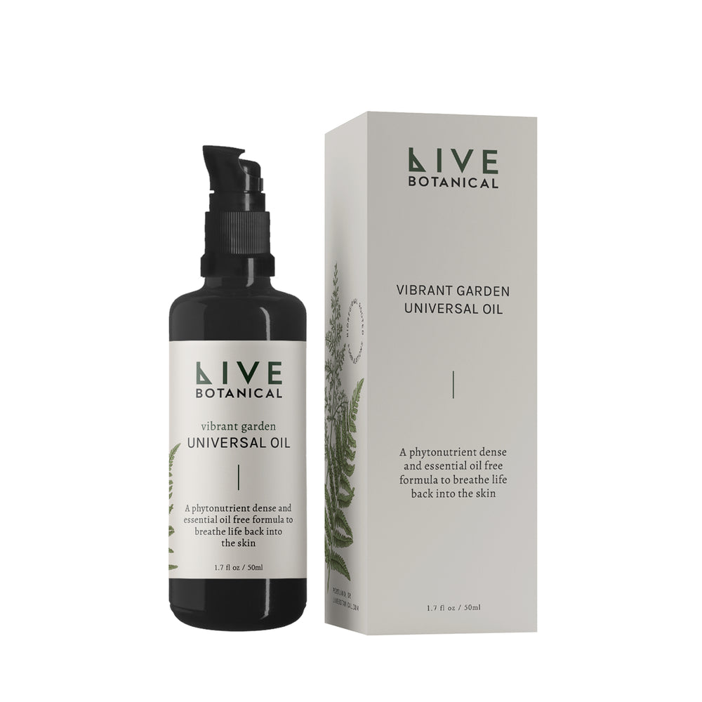 Live Botanical Vibrant Garden Universal Oil 50ml bottle with herbal and botanical ingredients. Hydrating and nourishing oil for dry, sensitive skin.